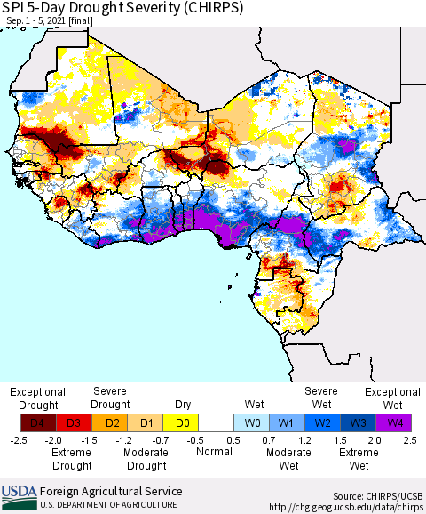 Western Africa SPI 5-Day Drought Severity (CHIRPS) Thematic Map For 9/1/2021 - 9/5/2021