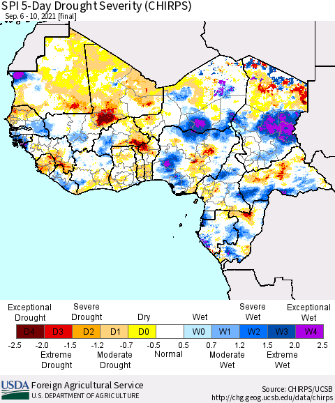 Western Africa SPI 5-Day Drought Severity (CHIRPS) Thematic Map For 9/6/2021 - 9/10/2021
