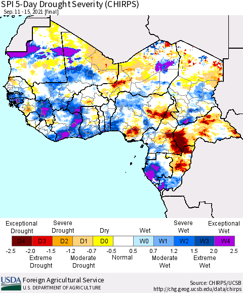 Western Africa SPI 5-Day Drought Severity (CHIRPS) Thematic Map For 9/11/2021 - 9/15/2021