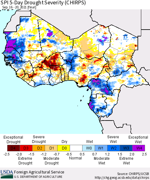 Western Africa SPI 5-Day Drought Severity (CHIRPS) Thematic Map For 9/16/2021 - 9/20/2021