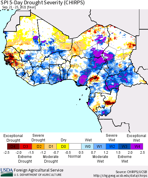 Western Africa SPI 5-Day Drought Severity (CHIRPS) Thematic Map For 9/21/2021 - 9/25/2021