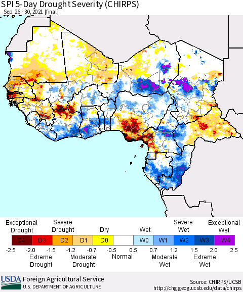 Western Africa SPI 5-Day Drought Severity (CHIRPS) Thematic Map For 9/26/2021 - 9/30/2021