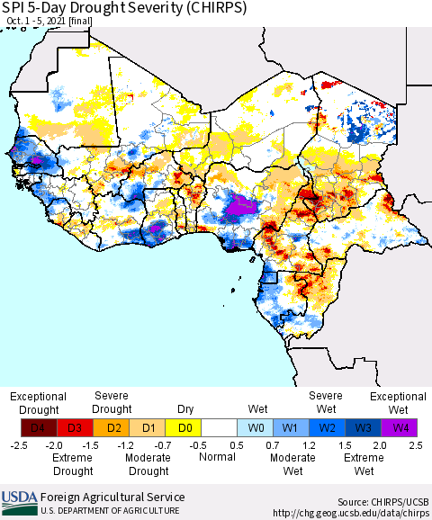 Western Africa SPI 5-Day Drought Severity (CHIRPS) Thematic Map For 10/1/2021 - 10/5/2021