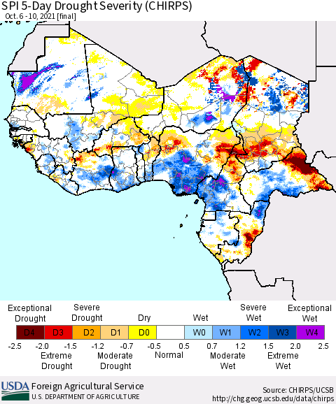 Western Africa SPI 5-Day Drought Severity (CHIRPS) Thematic Map For 10/6/2021 - 10/10/2021