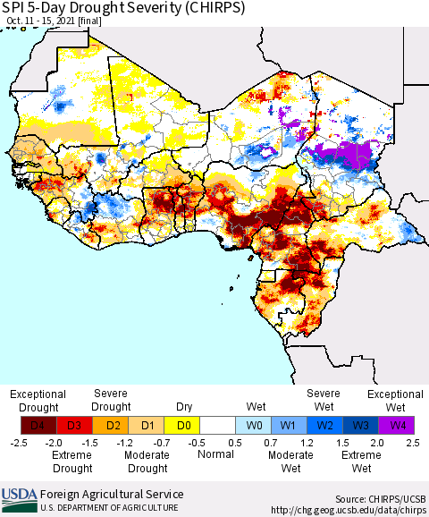 Western Africa SPI 5-Day Drought Severity (CHIRPS) Thematic Map For 10/11/2021 - 10/15/2021