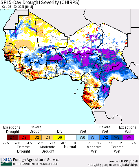 Western Africa SPI 5-Day Drought Severity (CHIRPS) Thematic Map For 10/16/2021 - 10/20/2021