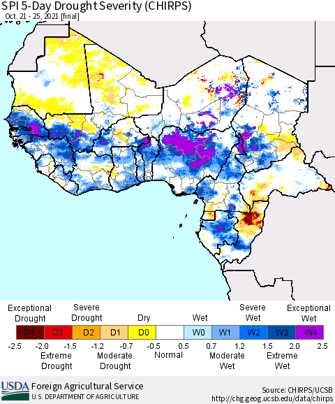 Western Africa SPI 5-Day Drought Severity (CHIRPS) Thematic Map For 10/21/2021 - 10/25/2021