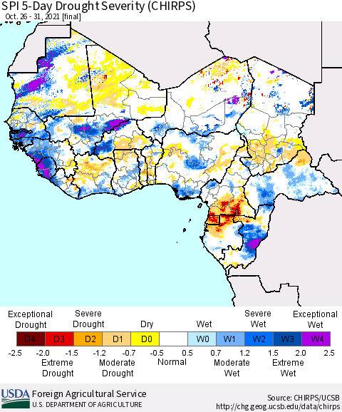 Western Africa SPI 5-Day Drought Severity (CHIRPS) Thematic Map For 10/26/2021 - 10/31/2021