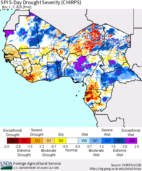 Western Africa SPI 5-Day Drought Severity (CHIRPS) Thematic Map For 11/1/2021 - 11/5/2021