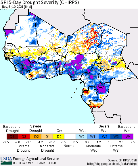 Western Africa SPI 5-Day Drought Severity (CHIRPS) Thematic Map For 11/6/2021 - 11/10/2021