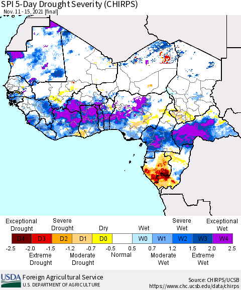 Western Africa SPI 5-Day Drought Severity (CHIRPS) Thematic Map For 11/11/2021 - 11/15/2021