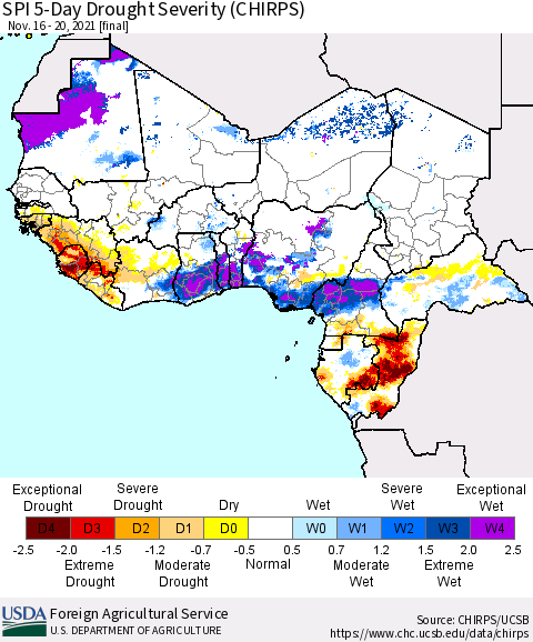 Western Africa SPI 5-Day Drought Severity (CHIRPS) Thematic Map For 11/16/2021 - 11/20/2021