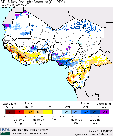 Western Africa SPI 5-Day Drought Severity (CHIRPS) Thematic Map For 11/21/2021 - 11/25/2021