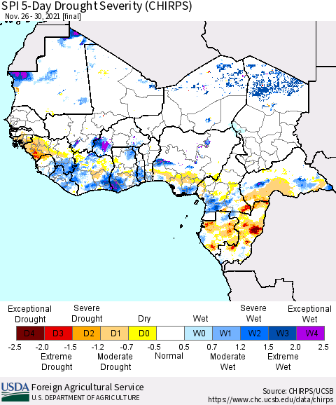 Western Africa SPI 5-Day Drought Severity (CHIRPS) Thematic Map For 11/26/2021 - 11/30/2021