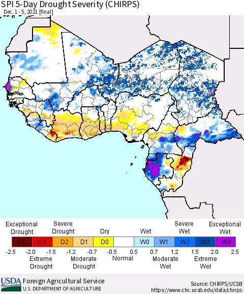 Western Africa SPI 5-Day Drought Severity (CHIRPS) Thematic Map For 12/1/2021 - 12/5/2021