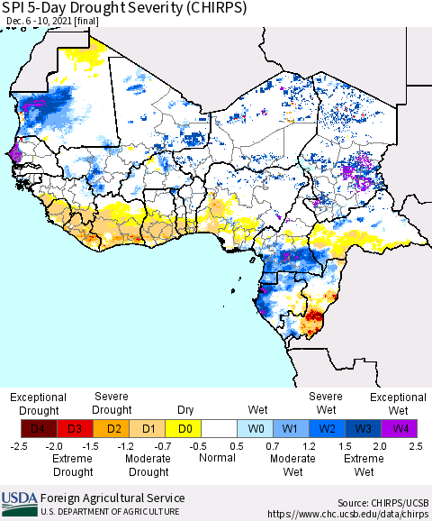 Western Africa SPI 5-Day Drought Severity (CHIRPS) Thematic Map For 12/6/2021 - 12/10/2021