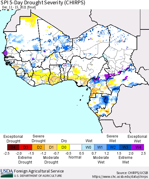 Western Africa SPI 5-Day Drought Severity (CHIRPS) Thematic Map For 12/11/2021 - 12/15/2021