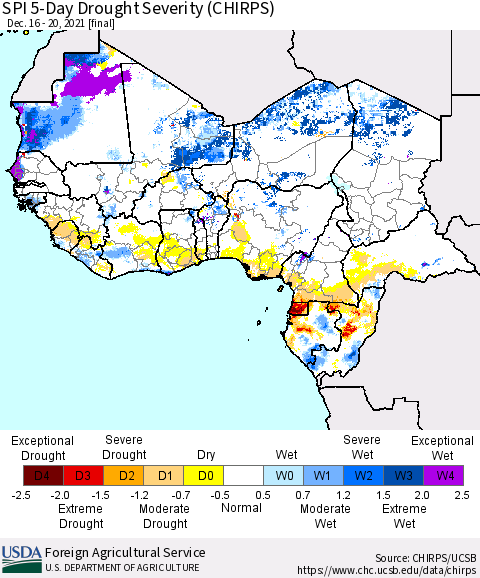 Western Africa SPI 5-Day Drought Severity (CHIRPS) Thematic Map For 12/16/2021 - 12/20/2021