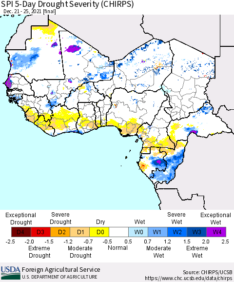 Western Africa SPI 5-Day Drought Severity (CHIRPS) Thematic Map For 12/21/2021 - 12/25/2021