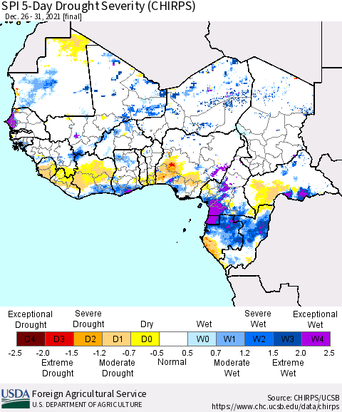 Western Africa SPI 5-Day Drought Severity (CHIRPS) Thematic Map For 12/26/2021 - 12/31/2021