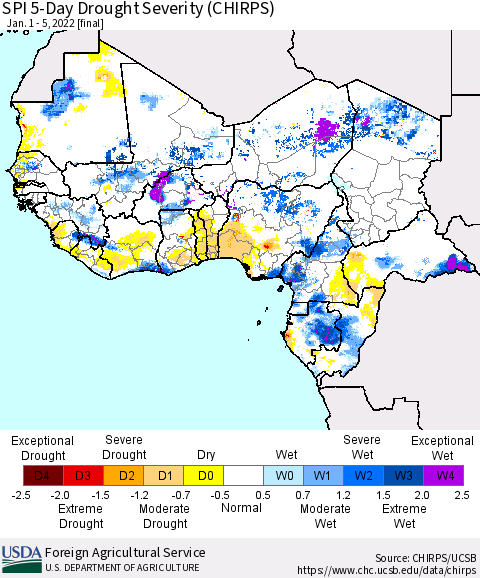 Western Africa SPI 5-Day Drought Severity (CHIRPS) Thematic Map For 1/1/2022 - 1/5/2022