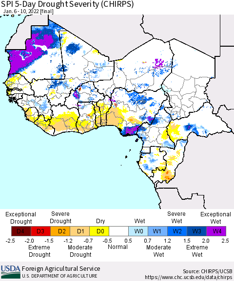 Western Africa SPI 5-Day Drought Severity (CHIRPS) Thematic Map For 1/6/2022 - 1/10/2022
