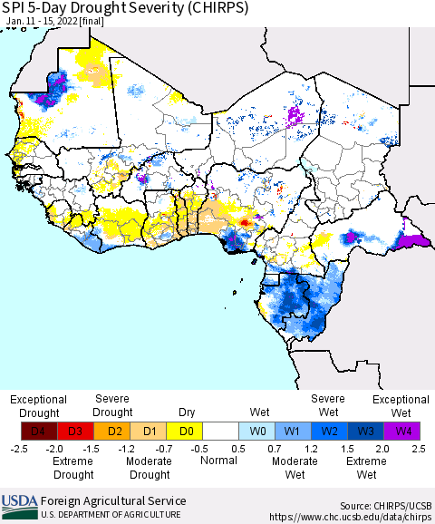 Western Africa SPI 5-Day Drought Severity (CHIRPS) Thematic Map For 1/11/2022 - 1/15/2022