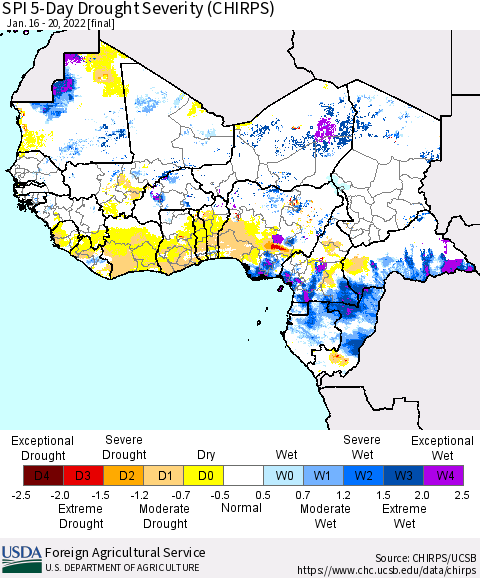 Western Africa SPI 5-Day Drought Severity (CHIRPS) Thematic Map For 1/16/2022 - 1/20/2022