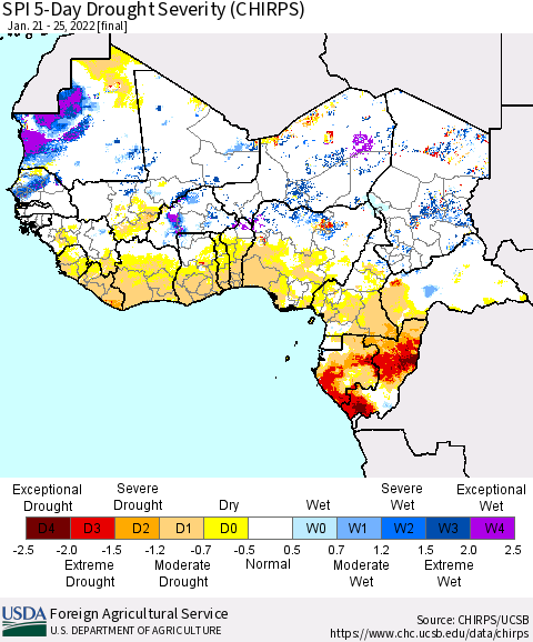 Western Africa SPI 5-Day Drought Severity (CHIRPS) Thematic Map For 1/21/2022 - 1/25/2022