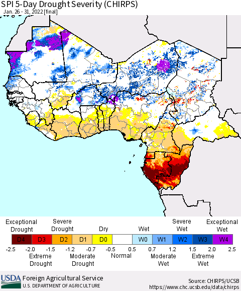 Western Africa SPI 5-Day Drought Severity (CHIRPS) Thematic Map For 1/26/2022 - 1/31/2022