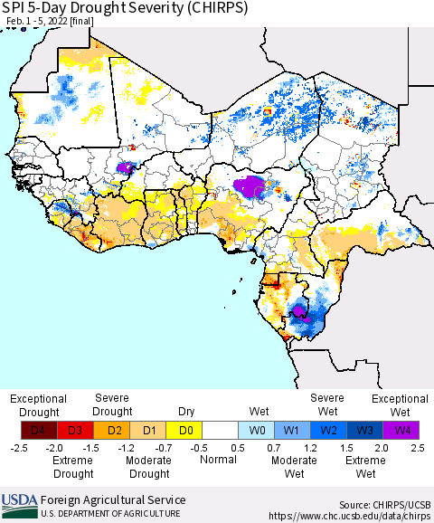 Western Africa SPI 5-Day Drought Severity (CHIRPS) Thematic Map For 2/1/2022 - 2/5/2022