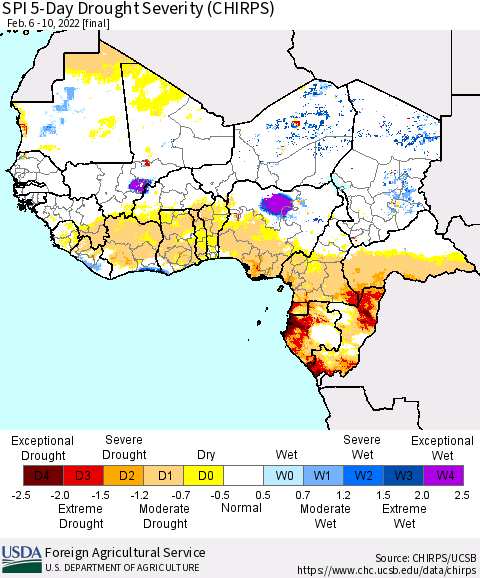 Western Africa SPI 5-Day Drought Severity (CHIRPS) Thematic Map For 2/6/2022 - 2/10/2022