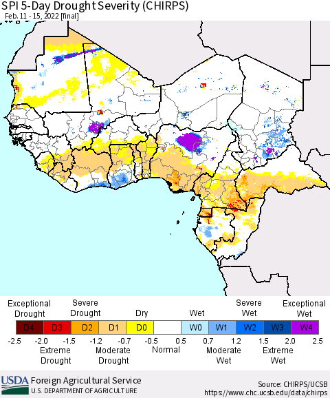 Western Africa SPI 5-Day Drought Severity (CHIRPS) Thematic Map For 2/11/2022 - 2/15/2022