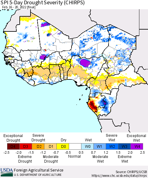 Western Africa SPI 5-Day Drought Severity (CHIRPS) Thematic Map For 2/16/2022 - 2/20/2022