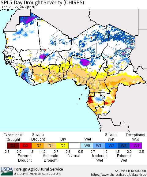 Western Africa SPI 5-Day Drought Severity (CHIRPS) Thematic Map For 2/21/2022 - 2/25/2022