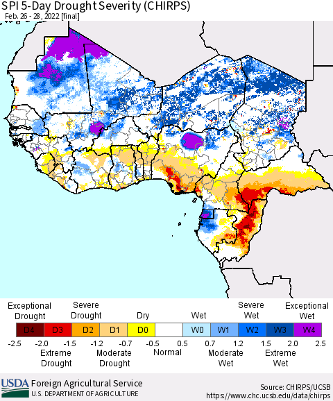 Western Africa SPI 5-Day Drought Severity (CHIRPS) Thematic Map For 2/26/2022 - 2/28/2022