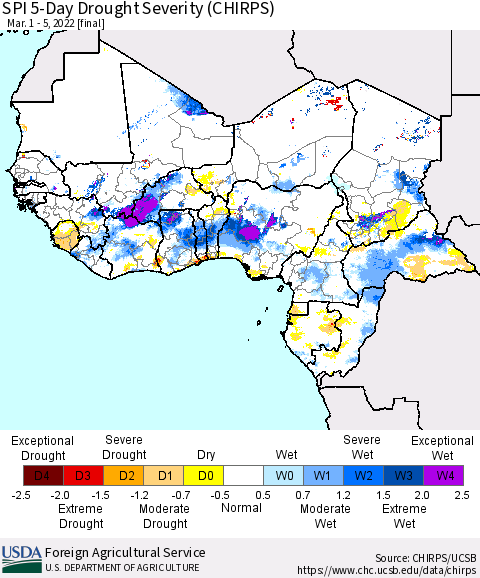Western Africa SPI 5-Day Drought Severity (CHIRPS) Thematic Map For 3/1/2022 - 3/5/2022
