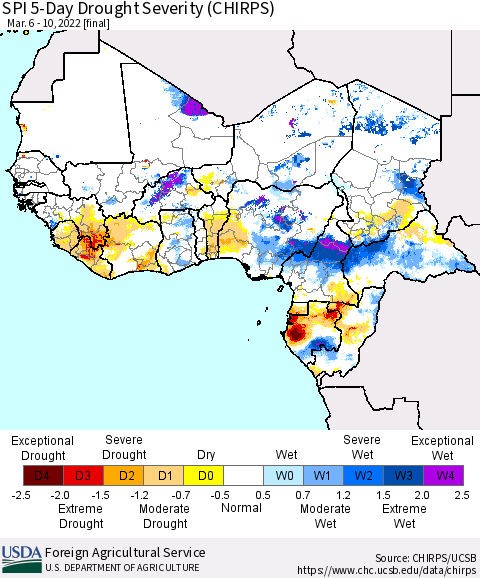 Western Africa SPI 5-Day Drought Severity (CHIRPS) Thematic Map For 3/6/2022 - 3/10/2022
