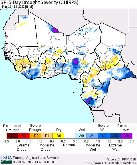 Western Africa SPI 5-Day Drought Severity (CHIRPS) Thematic Map For 3/11/2022 - 3/15/2022