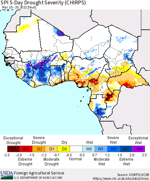 Western Africa SPI 5-Day Drought Severity (CHIRPS) Thematic Map For 3/16/2022 - 3/20/2022