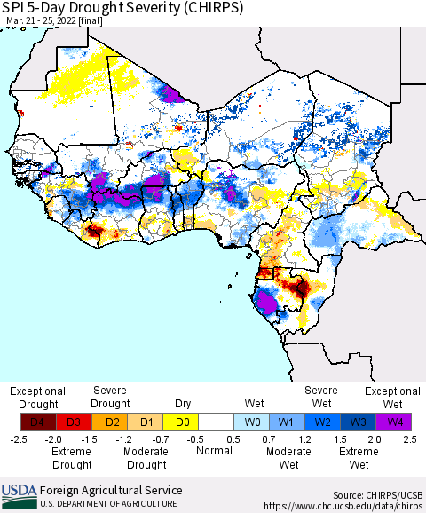 Western Africa SPI 5-Day Drought Severity (CHIRPS) Thematic Map For 3/21/2022 - 3/25/2022