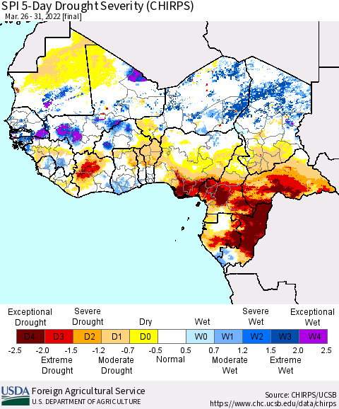 Western Africa SPI 5-Day Drought Severity (CHIRPS) Thematic Map For 3/26/2022 - 3/31/2022