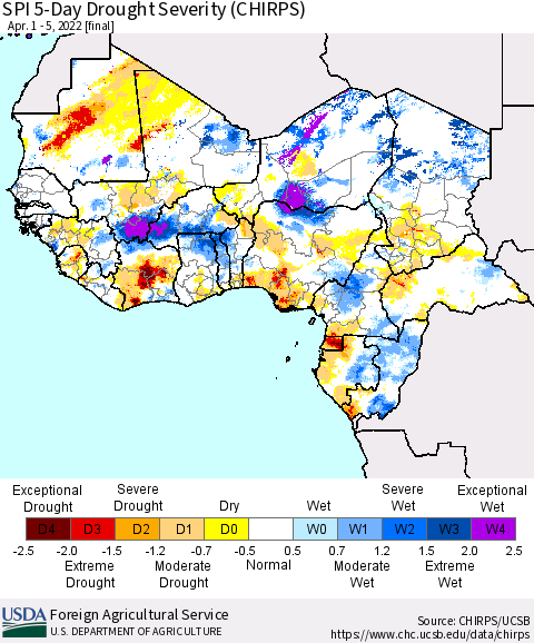 Western Africa SPI 5-Day Drought Severity (CHIRPS) Thematic Map For 4/1/2022 - 4/5/2022