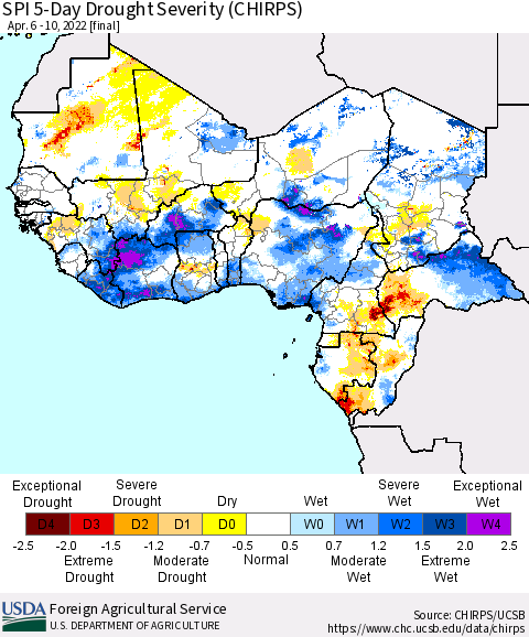 Western Africa SPI 5-Day Drought Severity (CHIRPS) Thematic Map For 4/6/2022 - 4/10/2022