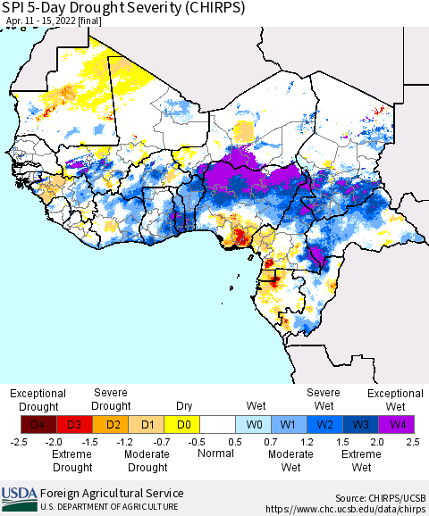 Western Africa SPI 5-Day Drought Severity (CHIRPS) Thematic Map For 4/11/2022 - 4/15/2022