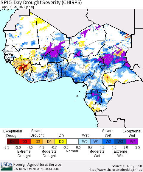 Western Africa SPI 5-Day Drought Severity (CHIRPS) Thematic Map For 4/16/2022 - 4/20/2022