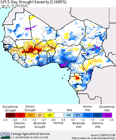 Western Africa SPI 5-Day Drought Severity (CHIRPS) Thematic Map For 4/21/2022 - 4/25/2022