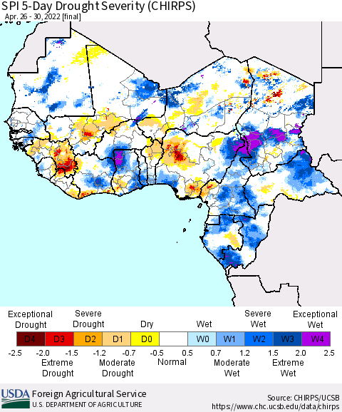 Western Africa SPI 5-Day Drought Severity (CHIRPS) Thematic Map For 4/26/2022 - 4/30/2022