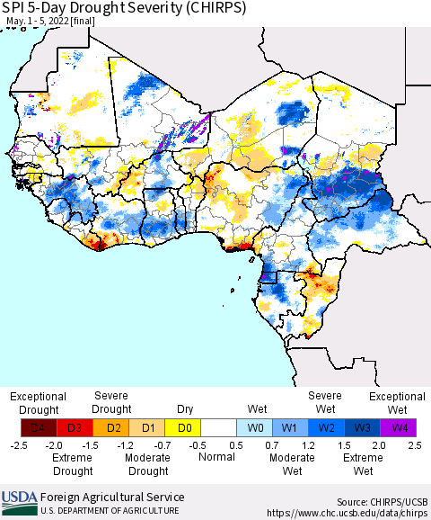 Western Africa SPI 5-Day Drought Severity (CHIRPS) Thematic Map For 5/1/2022 - 5/5/2022