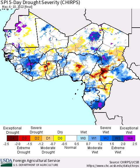 Western Africa SPI 5-Day Drought Severity (CHIRPS) Thematic Map For 5/6/2022 - 5/10/2022